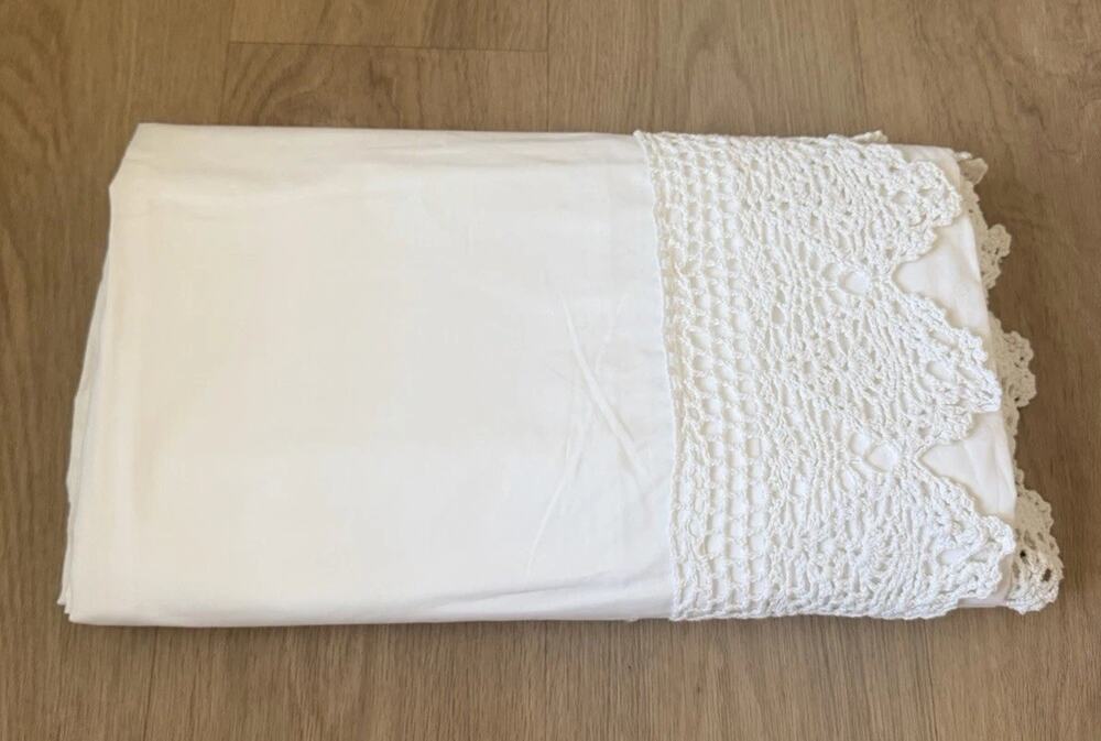 Vintage Hand Crochet Lace Flat Sheet King White Cotton